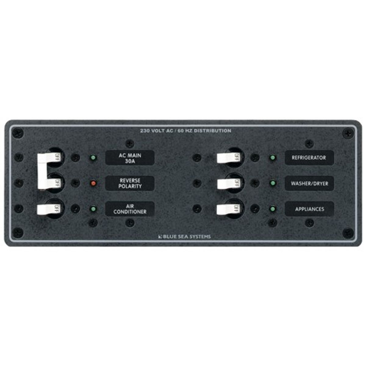 Blue Sea Panel 230V AC 6 Position Horizontal with Main Breaker CE