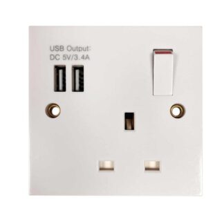 Square Edged Single Socket in White (Switched / 2 USB Charger Ports)
