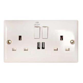 Convex Slim Double Socket in White (2 Switches / 2 USB Charger Ports)