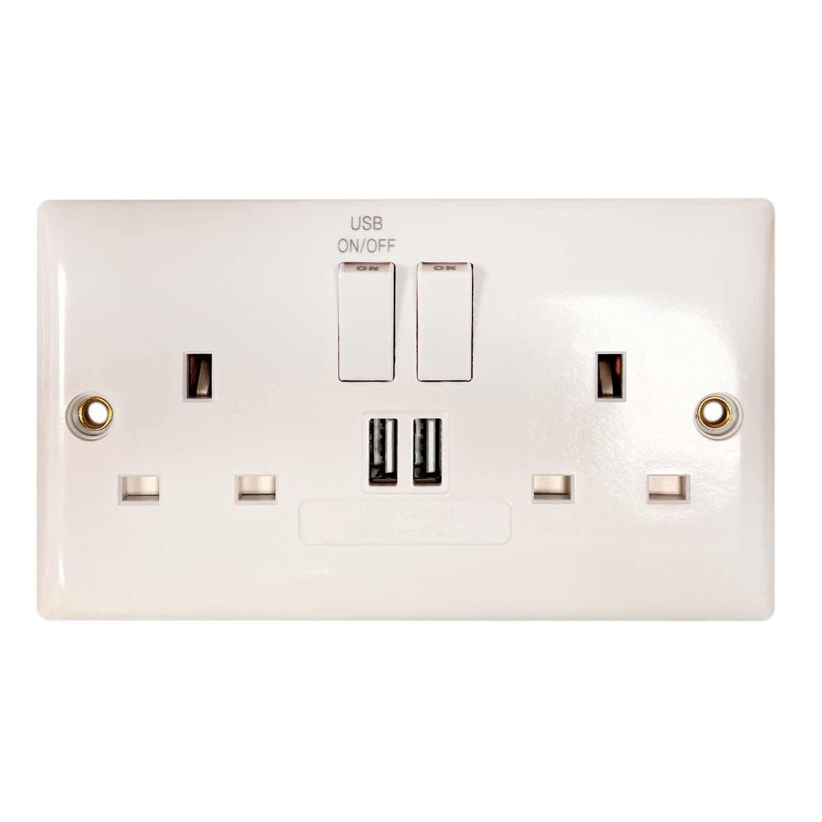 Convex Slim Double Socket in White (2 Switches / 2 USB Charger Ports)