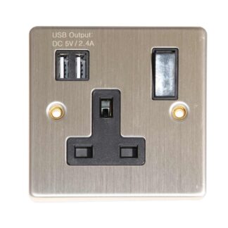 Round Edge Single Socket Brushed Steel (Switched, 2 USB Charger Ports)