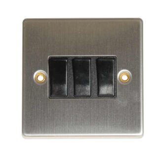 Round Edge 3-Gang Switch in Brushed Steel and Black (2 Way / 10A)