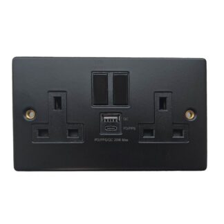 Round Edge Double Socket Matt Black (2 Switches / 13A / 2 USB Ports)